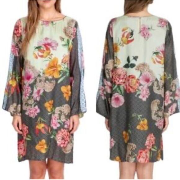 Johnny Was Fatima Dress Size S Silk Floral Long Sleeve Shift Tunic Mini Boho - Picture 1 of 15